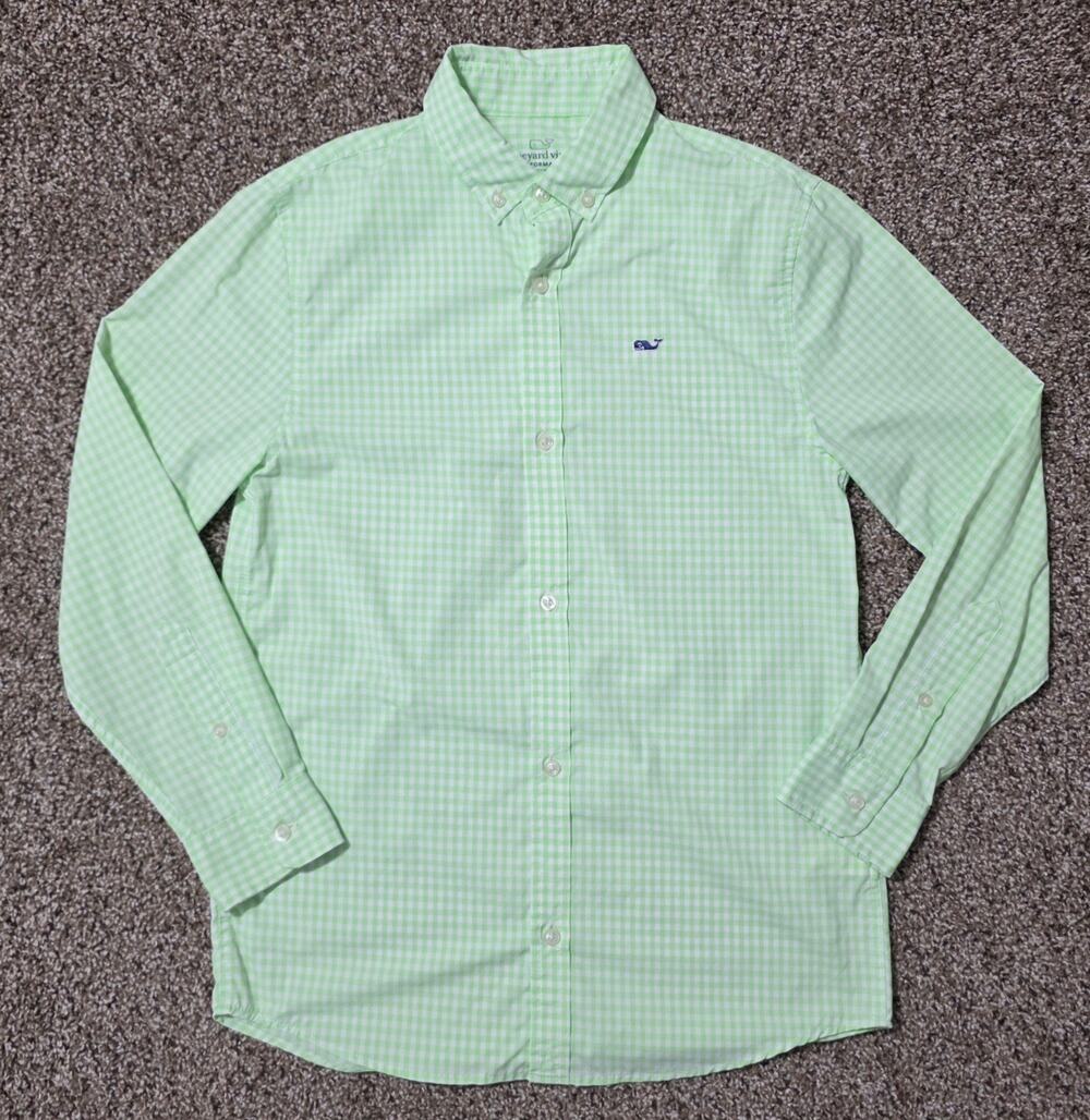Vineyard Vines Shirt Boys Small Green Gingham Long Sleeve Button Down Performanc